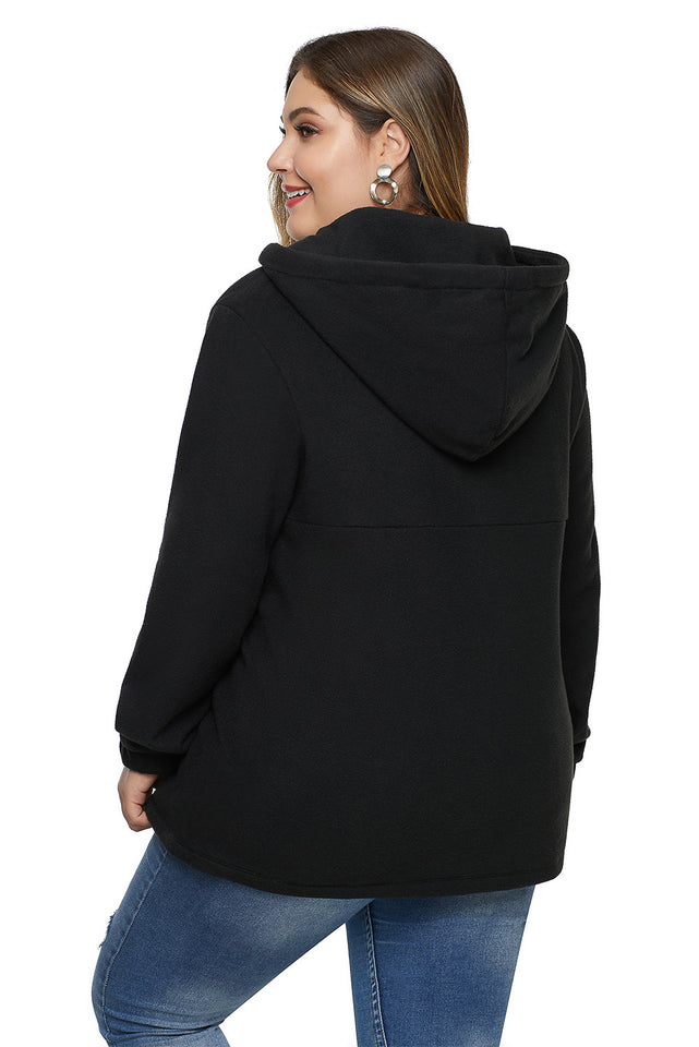 Black Zip Neck Drawstring Plus Size Hoodie - Aoka Styles Australia