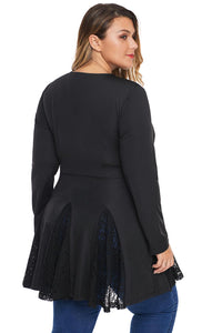 Plus Size V Neck Long Sleeve Lace Insert Peplum Waist Tunic - Aoka Styles Australia