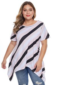 Pink Plus Size Striped Sharkbite Tee - Aoka Styles Australia