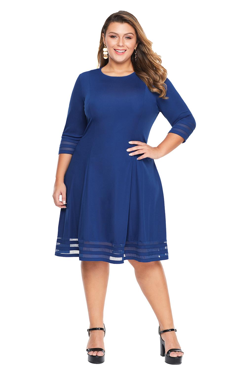 Blue 3/4 Length Sleeve Gauze Patchwork Flare Plus Size Dress - Aoka Styles Australia