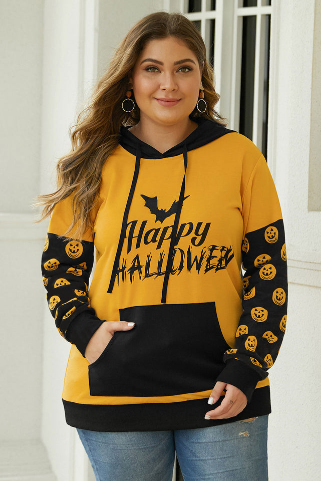 Banded Long Sleeve Kangaroo Pocket Halloween Plus Size Hoodie - Aoka Styles Australia