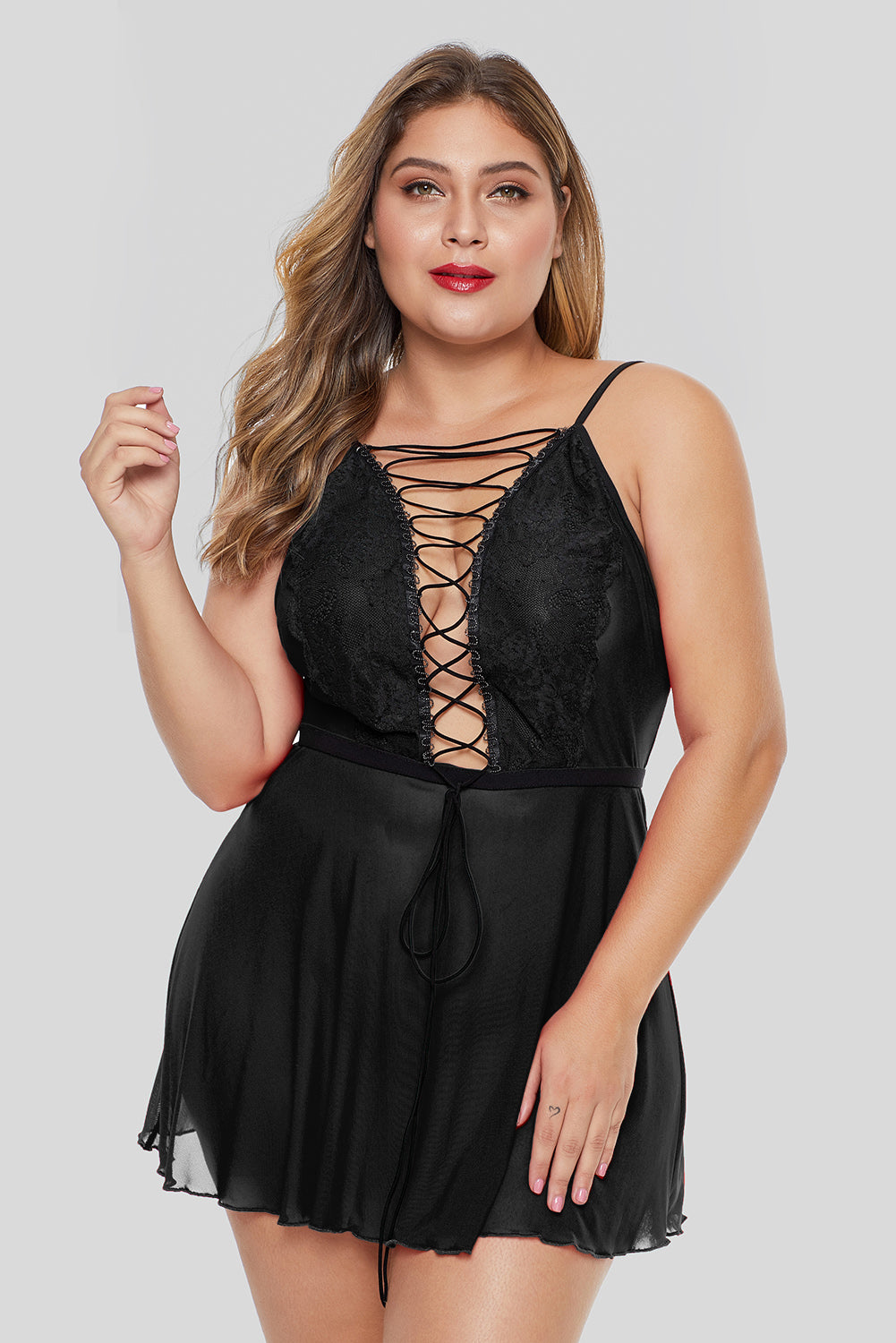 Black Lace-up Plus Size Babydoll - Aoka Styles Australia